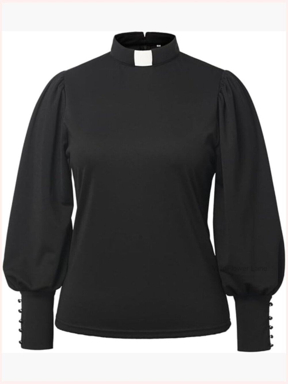 Clergy Blouse with Tab Collar Long Puff Sleeve Button Front Womens Top